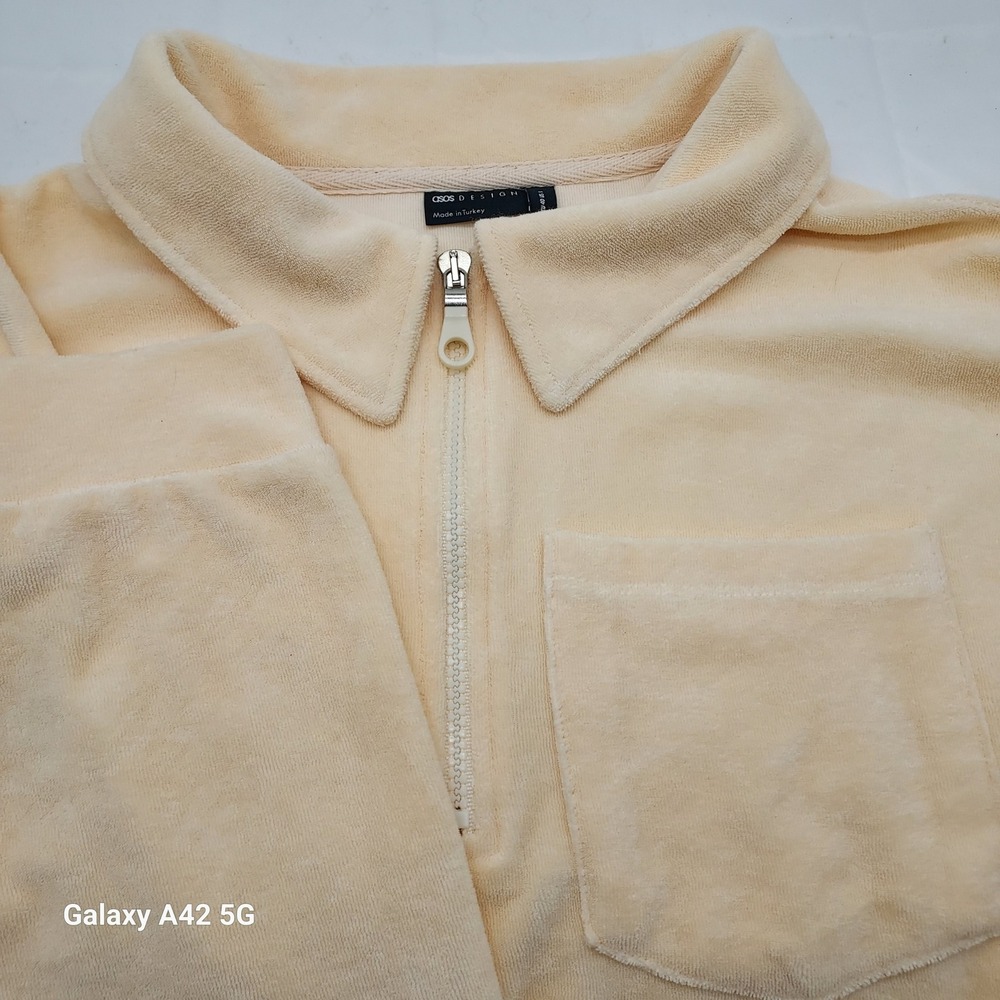 ASOS DESIGN Plush Velour Quarter‎ Zip Collared Pullover Sweatshirt Cream US 8